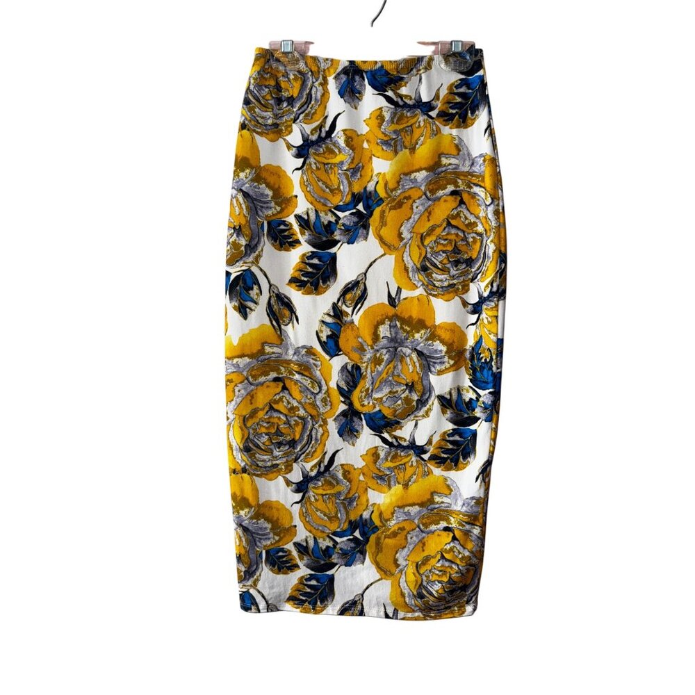 Floral Yellow Blue Midi Pencil Skirt Medium Sexy Rose Print Joe & Elle‎ Stretch
